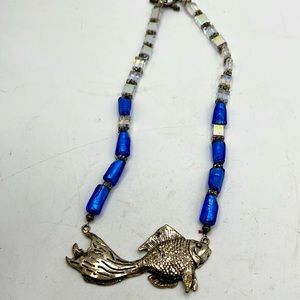 Artisan Glass Crystal Bead Fish Necklace Blue Aurora Borealis